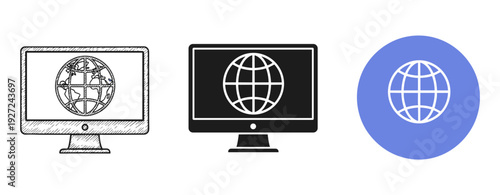 Global communication icons: monochrome and blue screen variations