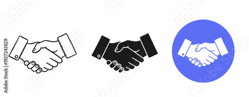 Three styles of handshake icons: outline, solid, blue circle background