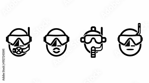 Four black and white icons of people wearing diving masks and snorkels on a white background