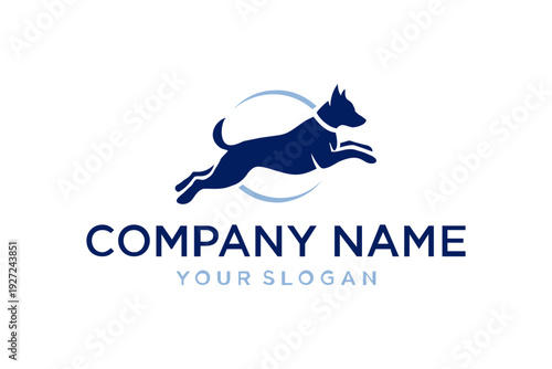 Dynamic Jumping Dog Silhouette Logo with Blue Arc Design