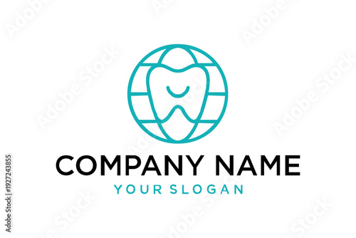 Modern dental logo with smiling tooth and global sphere icon for dentistry business.
