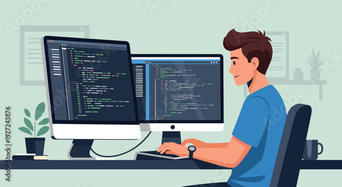 Man sitting at desk with two computer monitors coding