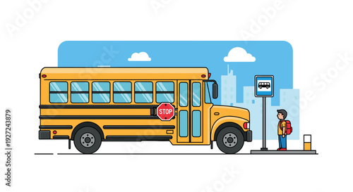 Yellow school bus stopped at a bus stop with a student