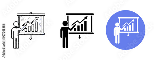 Graph presentation icons: stick figure with growing chart in black, white, and colored variants