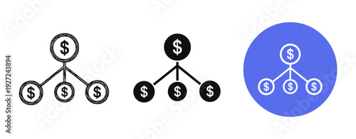 Money structure icons: diverse designs of dollar symbols and networks
