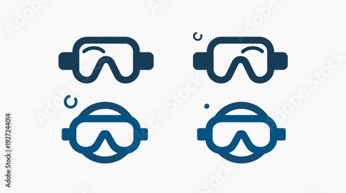 Four simple dark blue illustrations of protective eyewear for different usage
