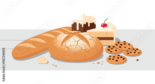 Assorted baked goods on a table with bread and cookies