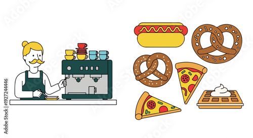 A cheerful vector illustration of a barista making coffee and a collection of popular snacks including hot dogs, pretzels, pizza, and waffles.
