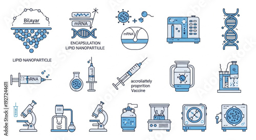 Collection of blue scientific illustrations representing various laboratory equipment and nanotechnology concepts in a grid layout