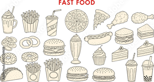 Fast food line art illustration set, burgers pizza fries drinks desserts vintage hand drawn vector collection