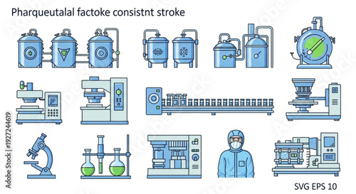 Industrial machinery and equipment icons set for manufacturing and production processes