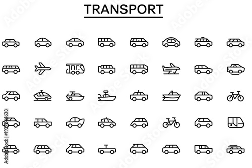 Transportation vehicle icons isolated on transparent background.
