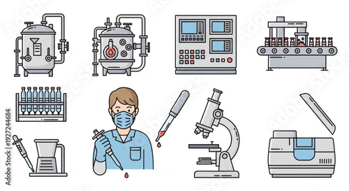 Scientific equipment and a researcher in a laboratory setting, viewed from the front, featuring various machines and tools for experimentation