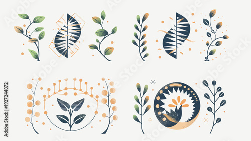 Stylized watercolor illustrations featuring leaf-like and geometric patterns on a creamy background