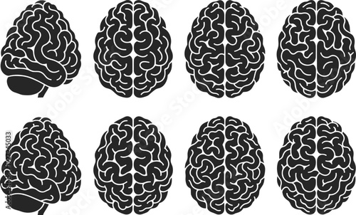 Human brain silhouette set showing multiple views, minimalist black vector illustration isolated on white background for medical, psychology, neuroscience and educational graphic design use