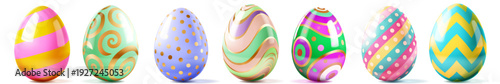 Set of colorful easter eggs with soft shadows on white background, featuring stripes, swirls, dots, and chevrons.