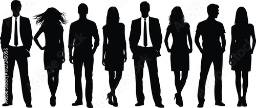 Business people silhouette set with diverse professional men and women standing together, minimalist black vector illustration isolated on white background for corporate teamwork concept use