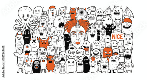 Intricate Doodle Art Featuring a Central Figure Surrounded by Whimsical Creatures.