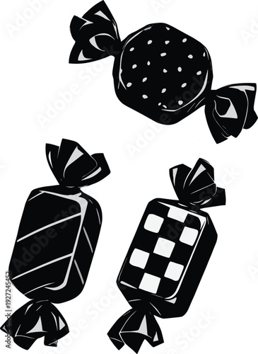 Wrapped candy silhouette set featuring assorted sweets and confectionery shapes, playful black vector illustration isolated on white background for candy shop and dessert design use