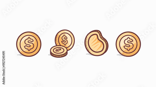 Hand-drawn style illustration of four golden coins with a dollar symbol, against a white background