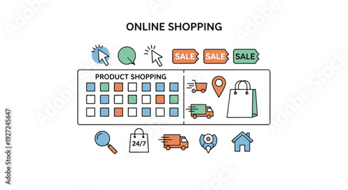 Online shopping concept with various icons and elements for ecommerce and product shopping.
