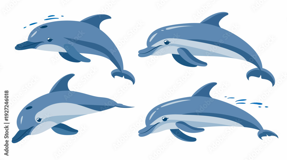 Obraz premium Four stylized blue dolphins depicted with different poses, on a white background. Simple and playful design
