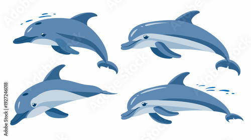 Four stylized blue dolphins depicted with different poses, on a white background. Simple and playful design