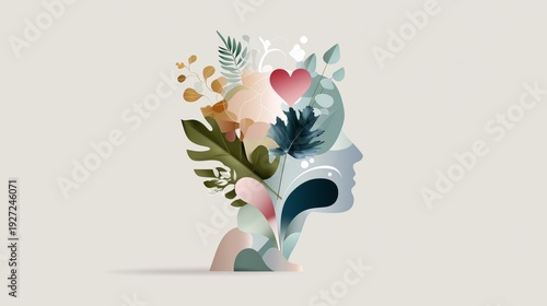 Abstract human profile with leaves and heart representing mental health balance emotional wellbeing and connection between nature and inner psychological harmony