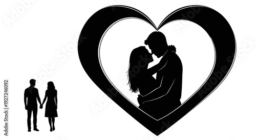 Silhouette of couple inside heart shape symbolizing love and romance