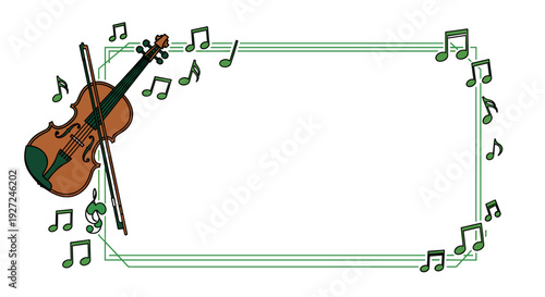 Elegant violin with musical notes on decorative border for music theme