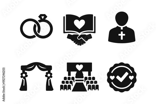 Wedding Ceremony, Rings, Marriage, Love, Solid Black Icon Set Vector Illustration