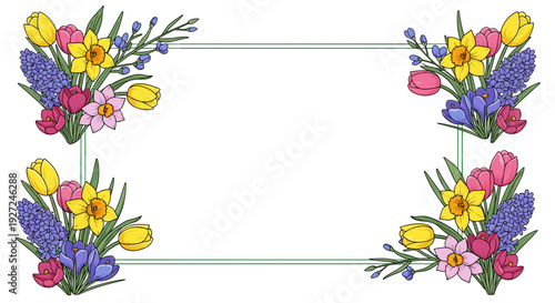 Colorful floral border with tulips daisies and lavender