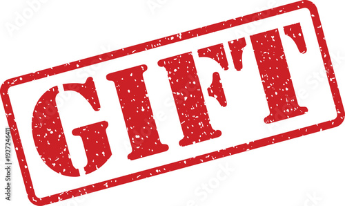 A striking red GIFT rubber stamp displays a festive message against a bright white setting