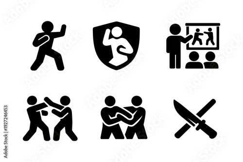 Self-defense Training, Martial Arts, Self-Defense Techniques, Solid Black Icon Set Vector Illustration