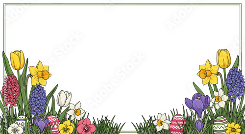 Colorful spring flowers border with tulips daffodils and hyacinths