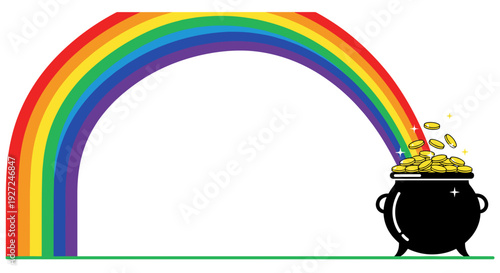 Colorful rainbow arching over a pot of gold with coins