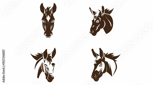 Four brown animal head portraits. Vector illustrations of an equine species. Each displays a different angle