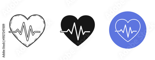 Heart shape icons with pulse line in sketch, solid, and blue circle styles