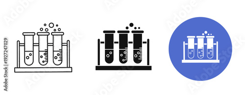 Three test tubes icons with bubbles in different styles on white background