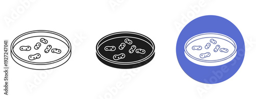 Petri dish bacteria illustration in three styles: outline, silhouette, and color