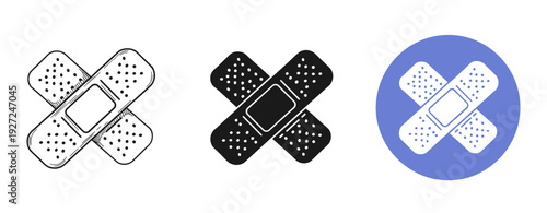 Set of three crossed bandages icons in black and white and blue circle background