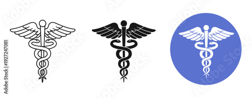 Caduceus symbol variations: black and white medical emblem on white and blue backgrounds