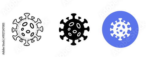 Three virus icons in monochrome and blue variations