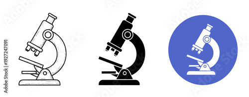Set of microscope icons: outline, silhouette, and colored circle design