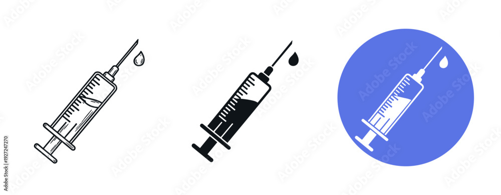 Obraz premium Medical syringe icons: black, white, blue variants with droplets