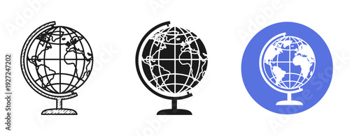 Set of three globe icons in black, white, and blue circle formats