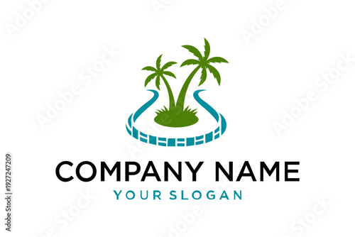 Travel and Leisure Logo Design with Tropical Palm Trees and Water Path
