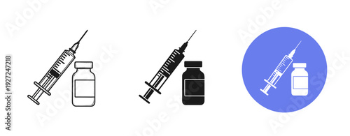 Syringe and vial icons in black and blue variations on white background