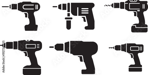 Collection of six black silhouette cordless drills, diverse styles