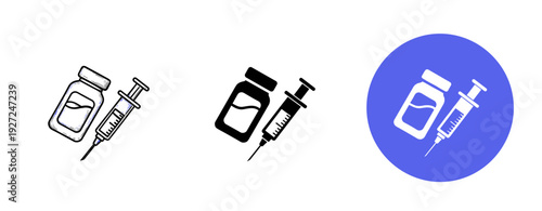 Vaccine icon set in black, white, and blue variations